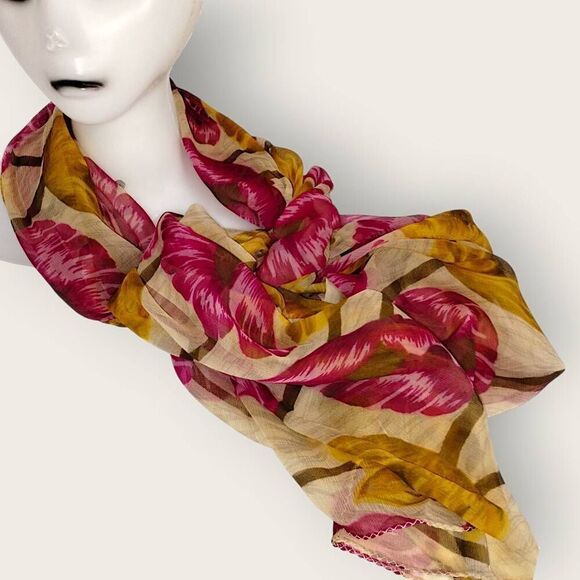 Womens Scarf Sheer Chiffon Rectangle Magenta Gold Floral Print Wrap Classic Boho - Picture 2 of 9